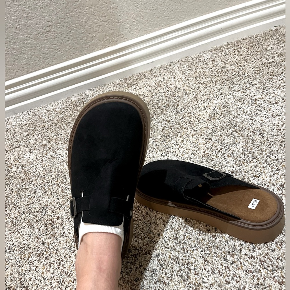 Black suede-like clog mule slide thick sole shoes. Brand New.